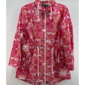 Women's BIG‎ CHILL 1X Pink Floral  Full Zip Hooded Long Sleeve Rain Jacket